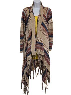 Open Front Knit Cardigan w/Fringe Boho Multicolor Cozy cottagecore hippie long